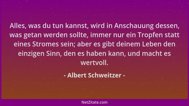Albert Schweitzer - Alles, was du tun kannst, wird in Anschauung dessen, was getan werden sollte, immer nur ein Tropfen sta...