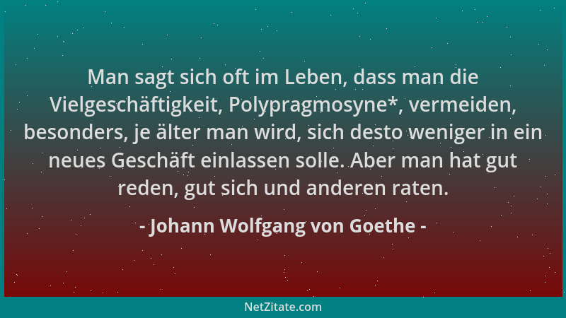 Johann Wolfgang von Goethe - Man sagt sich oft im Leben, dass man die Vielgeschäftigkeit, Polypragmosyne*, vermeiden, beson...