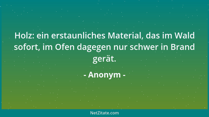 Anonym - Holz: ein erstaunliches Material, das im Wald sofort, im Ofen dagegen nur schwer in Brand gerät....