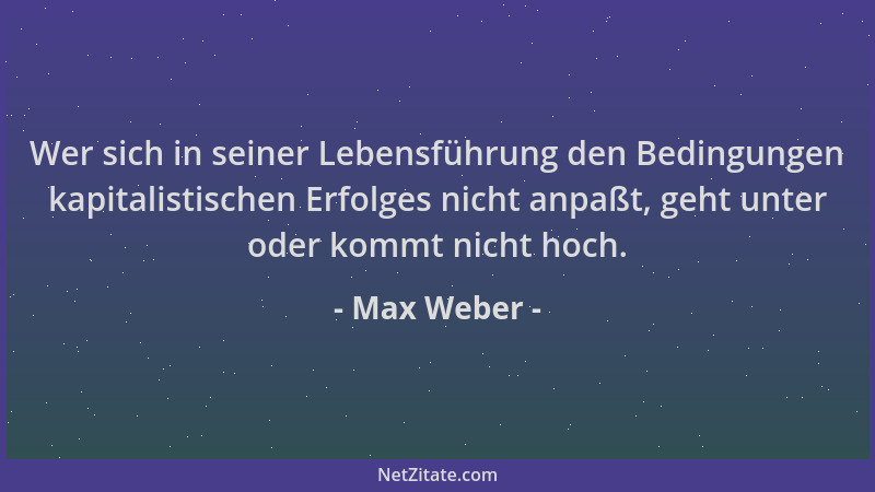 Max Weber - Wer sich in seiner Lebensführung den Bedingungen kapitalistischen Erfolges nicht anpaßt, geht unter oder kommt...