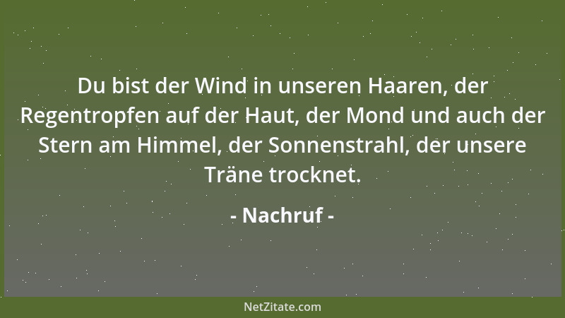 Nachruf - Du bist der Wind in unseren Haaren, der Regentropfen auf der Haut, der Mond und auch der Stern am Himmel, der Son...