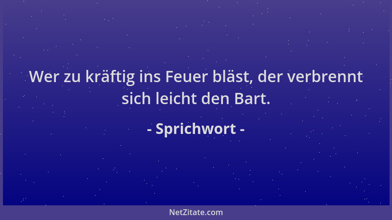 Sprichwort - Wer zu kräftig ins Feuer bläst, der verbrennt sich leicht den Bart....