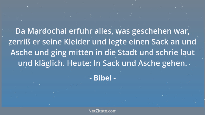 Bibel - Da Mardochai erfuhr alles, was geschehen war, zerriß er seine Kleider und legte einen Sack an und Asche und ging mi...