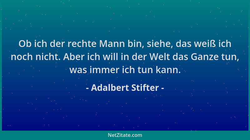 Adalbert Stifter - Ob ich der rechte Mann bin, siehe, das weiß ich noch nicht. Aber ich will in der Welt das Ganze tun, was...
