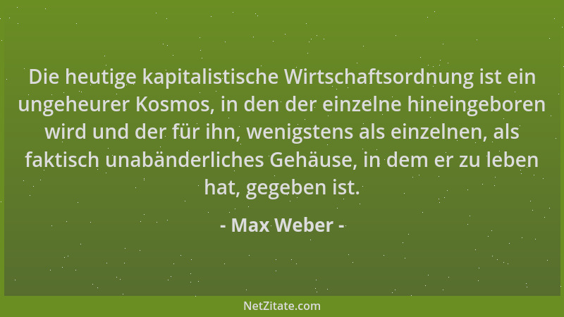 Max Weber - Die heutige kapitalistische Wirtschaftsordnung ist ein ungeheurer Kosmos, in den der einzelne hineingeboren wir...