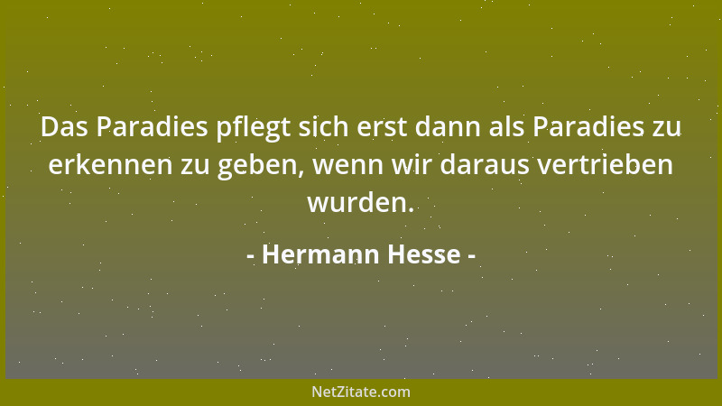 Hermann Hesse - Das Paradies pflegt sich erst dann als Paradies zu erkennen zu geben, wenn wir daraus vertrieben wurden....