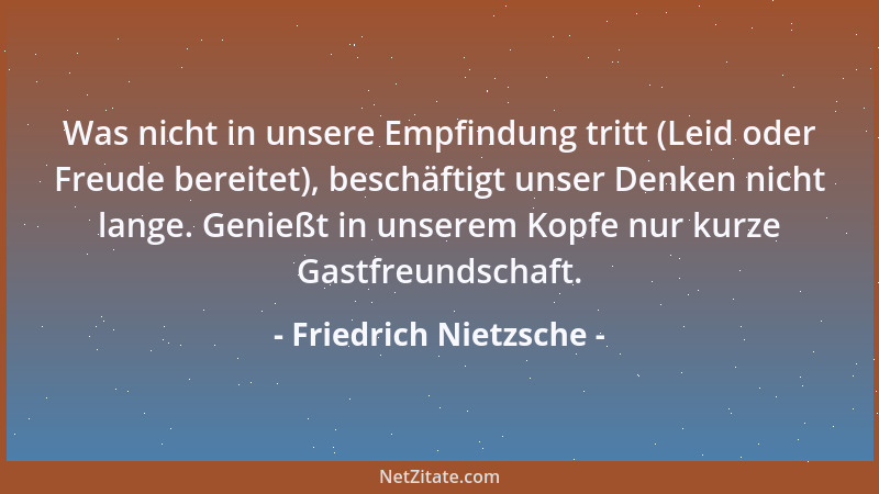 Friedrich Nietzsche - Was nicht in unsere Empfindung tritt (Leid oder Freude bereitet), beschäftigt unser Denken nicht lang...
