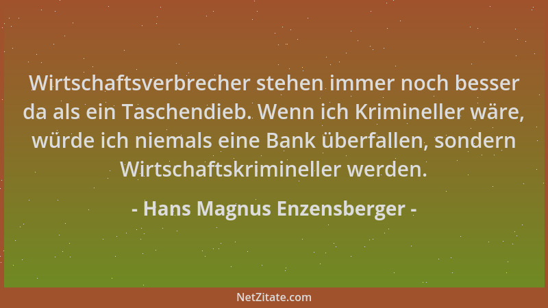 Hans Magnus Enzensberger - Wirtschaftsverbrecher stehen immer noch besser da als ein Taschendieb. Wenn ich Krimineller wäre...