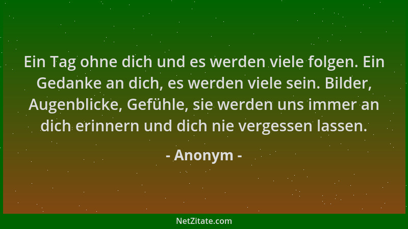 Anonym - Ein Tag ohne dich und es werden viele folgen. Ein Gedanke an dich, es werden viele sein. Bilder, Augenblicke, Gefü...