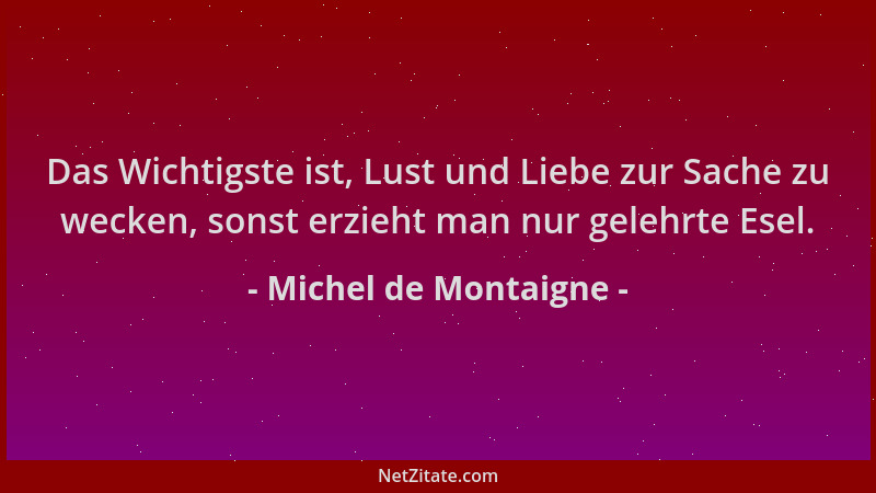Michel de Montaigne - Das Wichtigste ist, Lust und Liebe zur Sache zu wecken, sonst erzieht man nur gelehrte Esel....