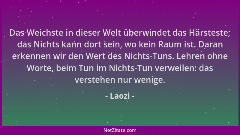 Laozi - Das Weichste in dieser Welt überwindet das Härsteste; das Nichts kann dort sein, wo kein Raum ist. Daran erkennen w...