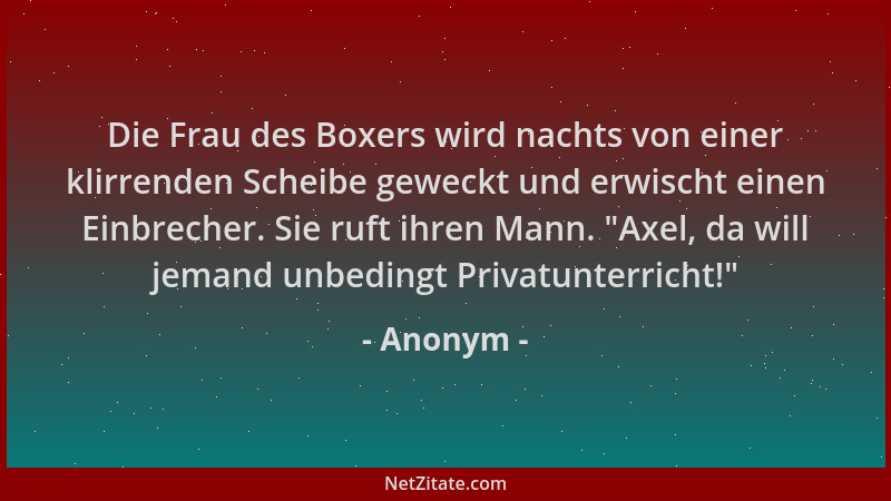 Anonym - Die Frau des Boxers wird nachts von einer klirrenden Scheibe geweckt und erwischt einen Einbrecher. Sie ruft ihren...