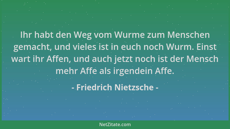 Friedrich Nietzsche - Ihr habt den Weg vom Wurme zum Menschen gemacht, und vieles ist in euch noch Wurm. Einst wart ihr Aff...