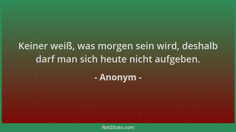 Anonym - Keiner weiß, was morgen sein wird, deshalb darf man sich heute nicht aufgeben....
