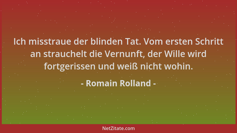 Romain Rolland - Ich misstraue der blinden Tat. Vom ersten Schritt an strauchelt die Vernunft, der Wille wird fortgerissen...