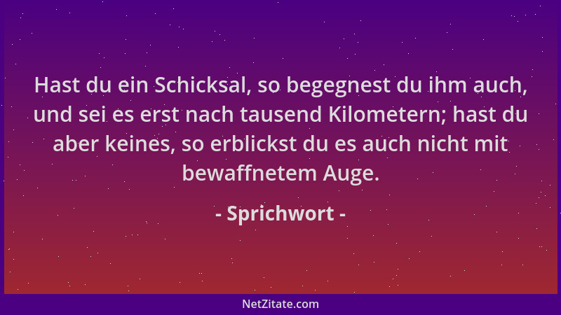 Sprichwort - Hast du ein Schicksal, so begegnest du ihm auch, und sei es erst nach tausend Kilometern; hast du aber keines,...
