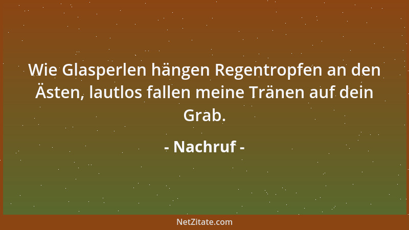 Nachruf - Wie Glasperlen hängen Regentropfen an den Ästen, lautlos fallen meine Tränen auf dein Grab....