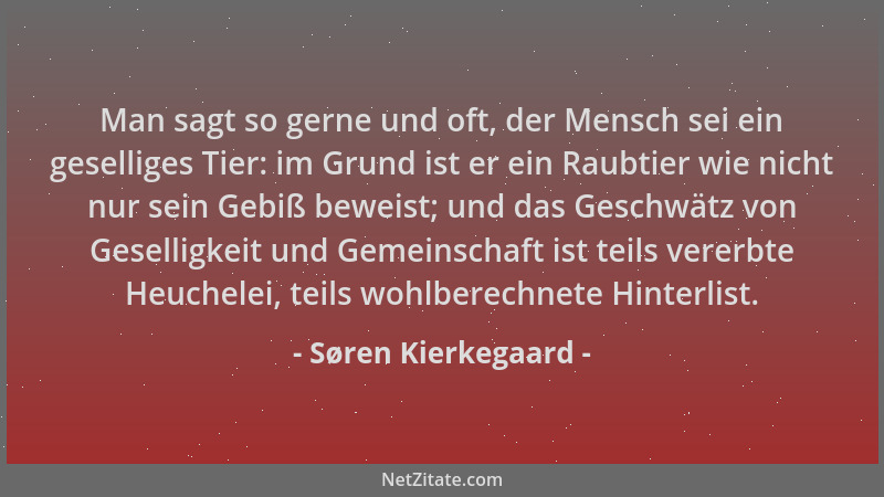 Søren Kierkegaard - Man sagt so gerne und oft, der Mensch sei ein geselliges Tier: im Grund ist er ein Raubtier wie nicht n...