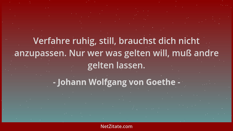 Johann Wolfgang von Goethe - Verfahre ruhig, still, brauchst dich nicht anzupassen. Nur wer was gelten will, muß andre gelt...