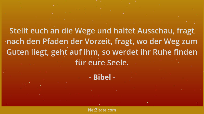 Bibel - Stellt euch an die Wege und haltet Ausschau, fragt nach den Pfaden der Vorzeit, fragt, wo der Weg zum Guten liegt,...