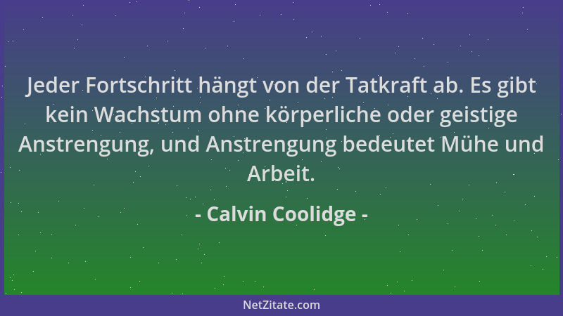 Calvin Coolidge - Jeder Fortschritt hängt von der Tatkraft ab. Es gibt kein Wachstum ohne körperliche oder geistige Anstren...