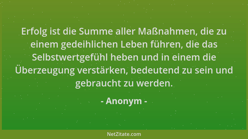 Anonym - Erfolg ist die Summe aller Maßnahmen, die zu einem gedeihlichen Leben führen, die das Selbstwertgefühl heben und i...