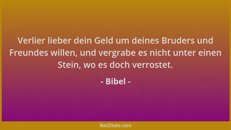 Bibel - Verlier lieber dein Geld um deines Bruders und Freundes willen, und vergrabe es nicht unter einen Stein, wo es doch...