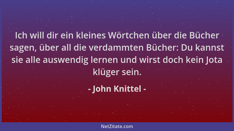 John Knittel - Ich will dir ein kleines Wörtchen über die Bücher sagen, über all die verdammten Bücher: Du kannst sie alle...