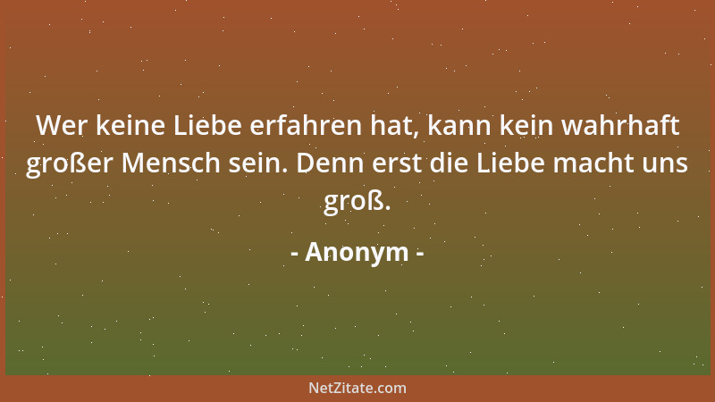 Anonym - Wer keine Liebe erfahren hat, kann kein wahrhaft großer Mensch sein. Denn erst die Liebe macht uns groß....