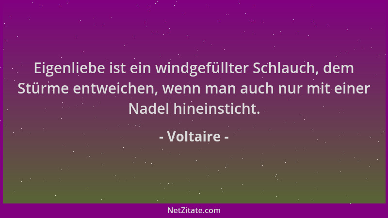 Voltaire - Eigenliebe ist ein windgefüllter Schlauch, dem Stürme entweichen, wenn man auch nur mit einer Nadel hineinsticht...