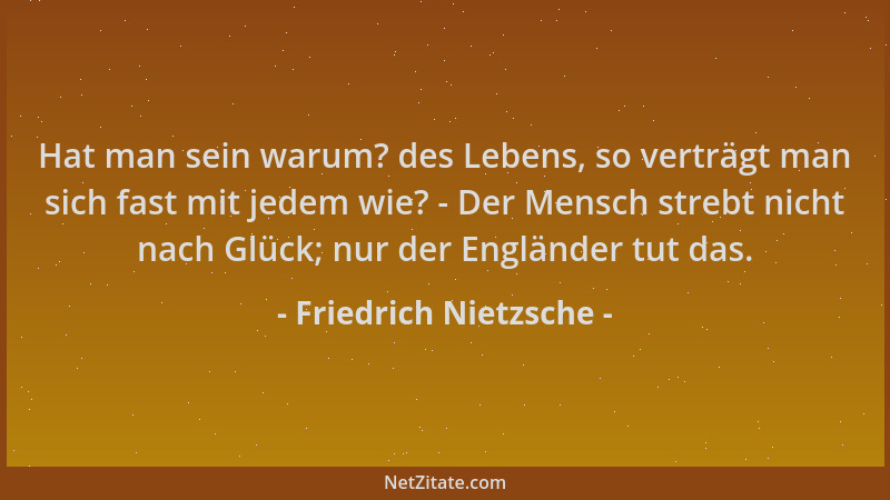 Friedrich Nietzsche - Hat man sein warum? des Lebens, so verträgt man sich fast mit jedem wie? - Der Mensch strebt nicht na...