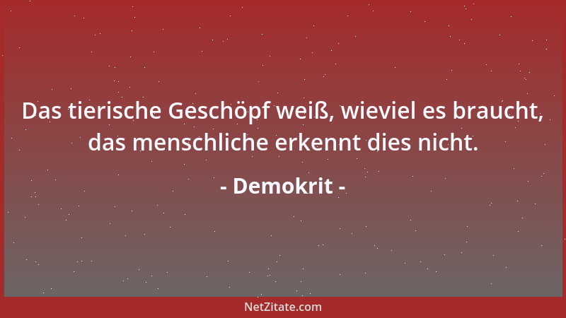Demokrit - Das tierische Geschöpf weiß, wieviel es braucht, das menschliche erkennt dies nicht....