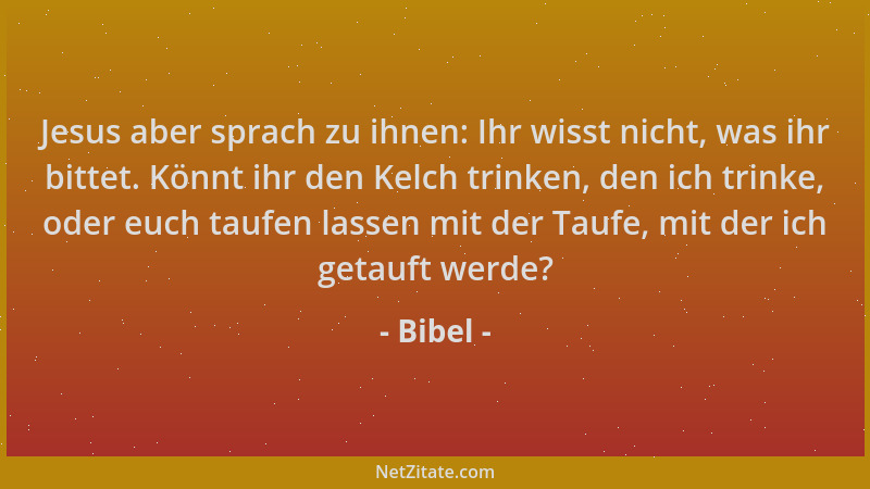 Bibel - Jesus aber sprach zu ihnen: Ihr wisst nicht, was ihr bittet. Könnt ihr den Kelch trinken, den ich trinke, oder euch...