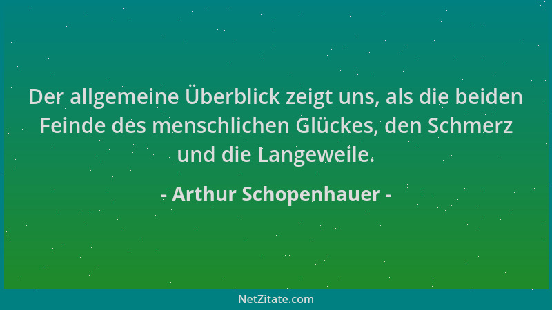 Arthur Schopenhauer - Der allgemeine Überblick zeigt uns, als die beiden Feinde des menschlichen Glückes, den Schmerz und d...