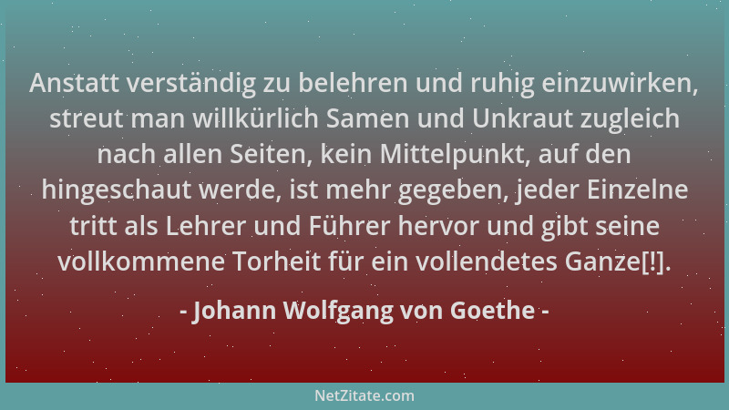 Johann Wolfgang von Goethe - Anstatt verständig zu belehren und ruhig einzuwirken, streut man willkürlich Samen und Unkraut...