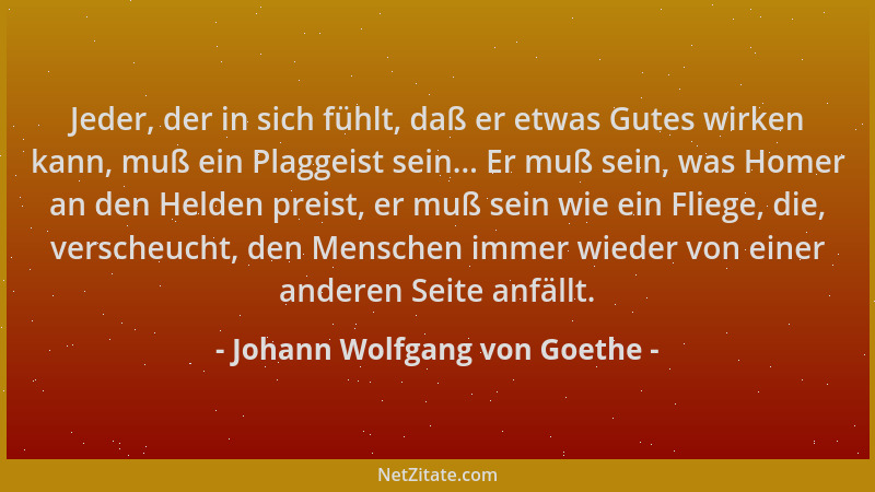 Johann Wolfgang von Goethe - Jeder, der in sich fühlt, daß er etwas Gutes wirken kann, muß ein Plaggeist sein... Er muß sei...