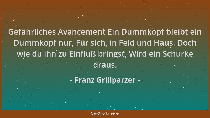 Franz Grillparzer - Gefährliches Avancement Ein Dummkopf bleibt ein Dummkopf nur, Für sich, in Feld und Haus. Doch wie du i...