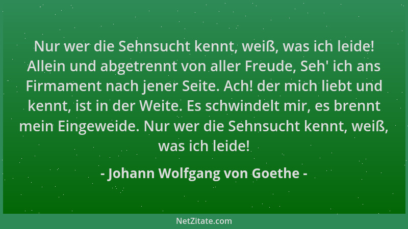 Johann Wolfgang von Goethe - Nur wer die Sehnsucht kennt, weiß, was ich leide! Allein und abgetrennt von aller Freude, Seh '...