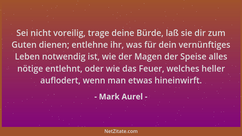 Mark Aurel - Sei nicht voreilig, trage deine Bürde, laß sie dir zum Guten dienen; entlehne ihr, was für dein vernünftiges L...