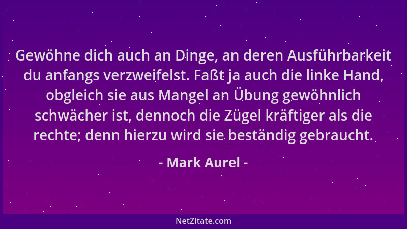 Mark Aurel - Gewöhne dich auch an Dinge, an deren Ausführbarkeit du anfangs verzweifelst. Faßt ja auch die linke Hand, obgl...