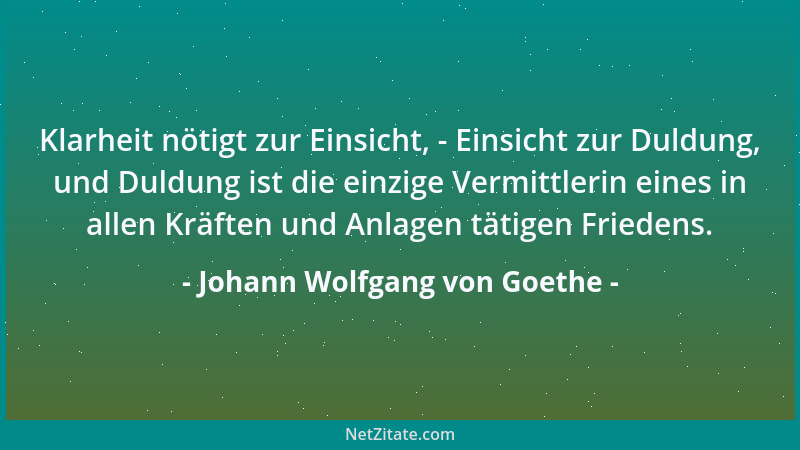 Johann Wolfgang von Goethe - Klarheit nötigt zur Einsicht, - Einsicht zur Duldung, und Duldung ist die einzige Vermittlerin...