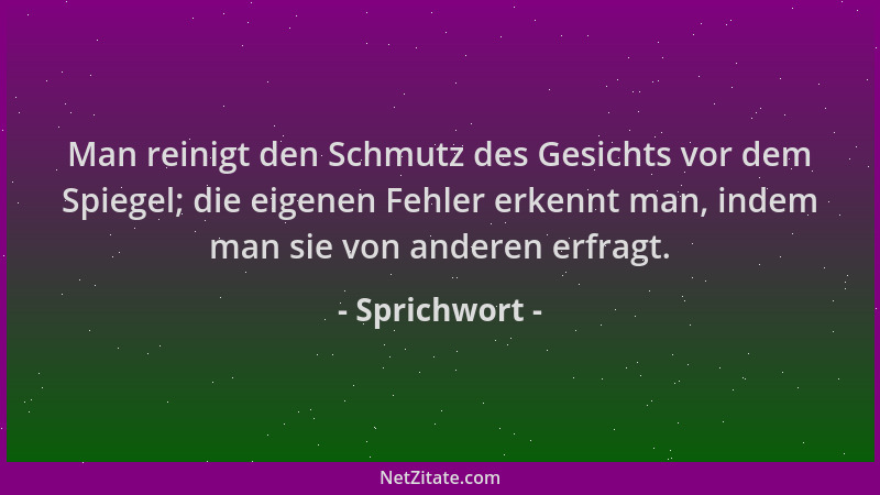 Sprichwort - Man reinigt den Schmutz des Gesichts vor dem Spiegel; die eigenen Fehler erkennt man, indem man sie von andere...