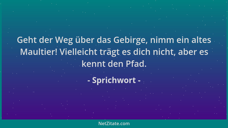 Sprichwort - Geht der Weg über das Gebirge, nimm ein altes Maultier! Vielleicht trägt es dich nicht, aber es kennt den Pfad...