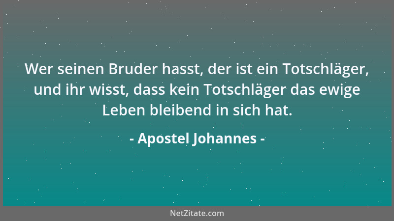 Apostel Johannes - Wer seinen Bruder hasst, der ist ein Totschläger, und ihr wisst, dass kein Totschläger das ewige Leben b...