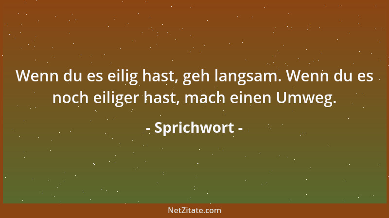 Sprichwort - Wenn du es eilig hast, geh langsam. Wenn du es noch eiliger hast, mach einen Umweg....