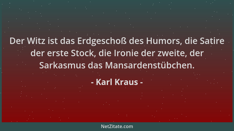 Karl Kraus - Der Witz ist das Erdgeschoß des Humors, die Satire der erste Stock, die Ironie der zweite, der Sarkasmus das M...