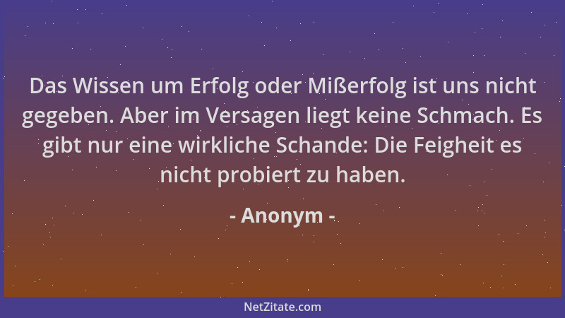 Anonym - Das Wissen um Erfolg oder Mißerfolg ist uns nicht gegeben. Aber im Versagen liegt keine Schmach. Es gibt nur eine...