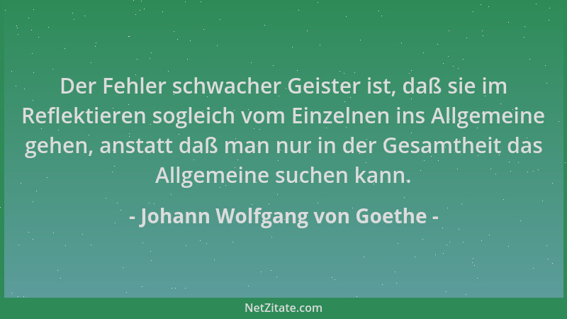 Johann Wolfgang von Goethe - Der Fehler schwacher Geister ist, daß sie im Reflektieren sogleich vom Einzelnen ins Allgemein...