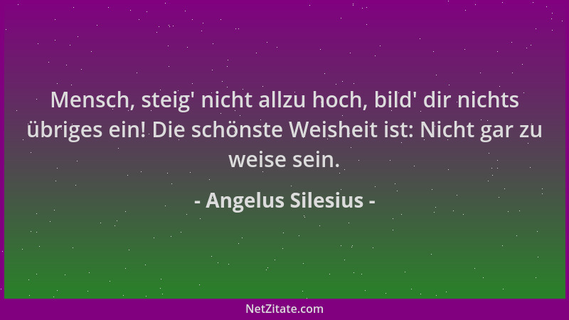 Angelus Silesius - Mensch, steig ' nicht allzu hoch, bild ' dir nichts übriges ein! Die schönste Weisheit ist: Nicht gar zu w...
