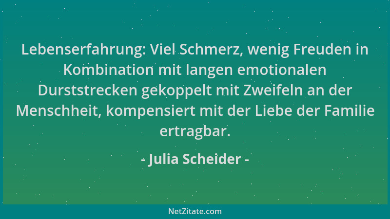 Julia Scheider - Lebenserfahrung: Viel Schmerz, wenig Freuden in Kombination mit langen emotionalen Durststrecken gekoppelt...